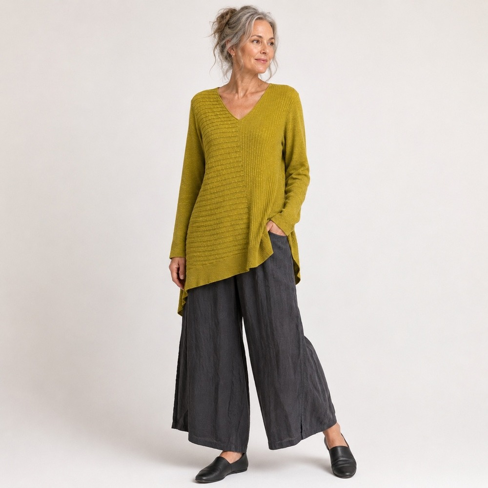 Eileen Fisher Tunic Sweater Medium Chartreuse LinenBlend Ribbed V-Neck Lagenlook